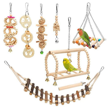 8 PCS/Set Combination Parrot Bird Toys Wood Articles Bite Pet Bird Toys For Parrot Training Bird Toy Swing Ball Bell Standing