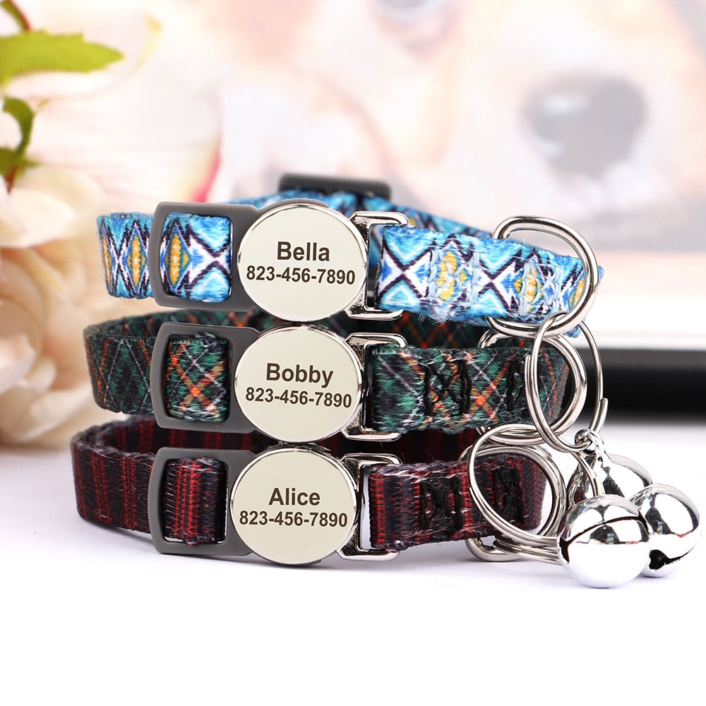 Personalized Printed Cat Collar With Free Engraved ID Nameplate Bell Anti-lost Cats Collars
