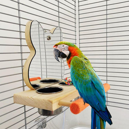 Parrots Mirror With Feeder Cups Bowl Wooden Birds Interactive Self-happy Toy Puzzle Toy