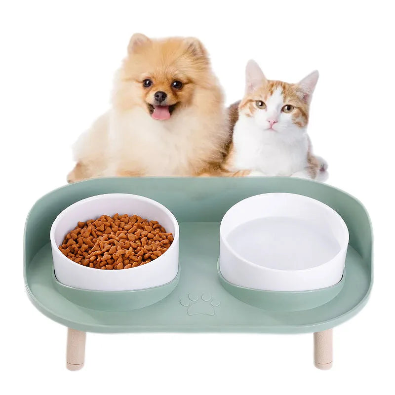 Cat Double Bowl Safety with Wood Stand and Silicone Mat Kitten Puppy Food Water Feeding Elevated Dish Dog Supplies Spill-Proof