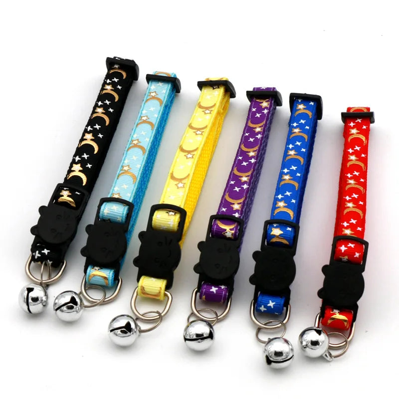 Cat Dog Collar Gold Color Stars and Moon Pet Collar with Bell and PP Material Separate Reflective Safety Buckle Solid Safe