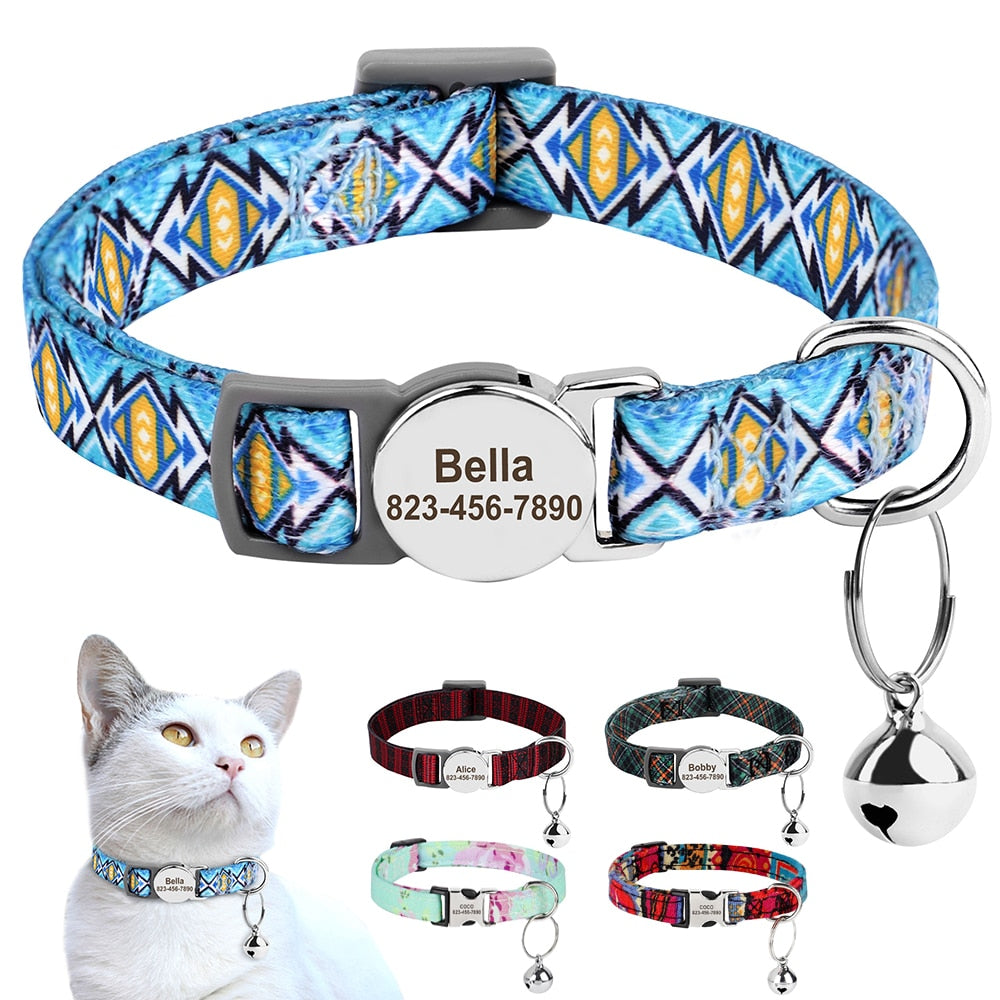 Personalized Printed Cat Collar With Free Engraved ID Nameplate Bell Anti-lost Cats Collars