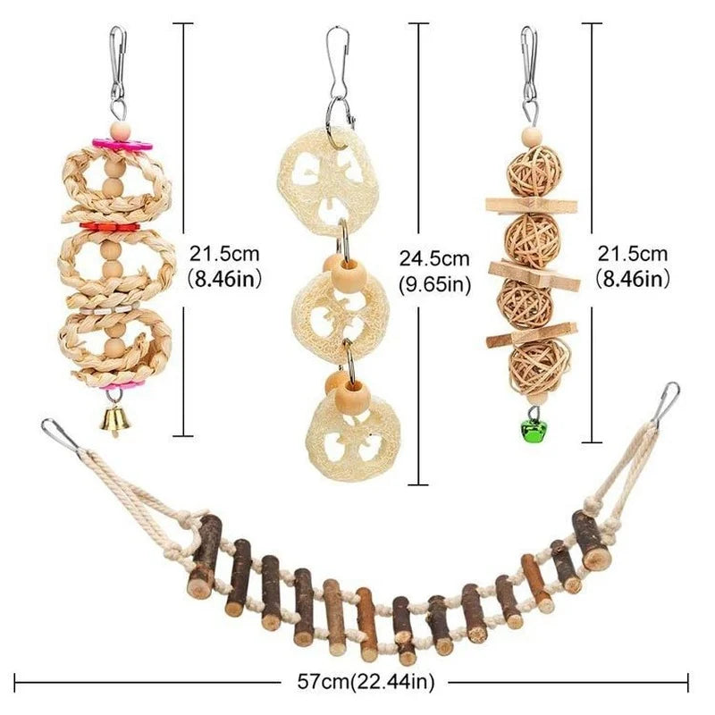 8 PCS/Set Combination Parrot Bird Toys Wood Articles Bite Pet Bird Toys For Parrot Training Bird Toy Swing Ball Bell Standing