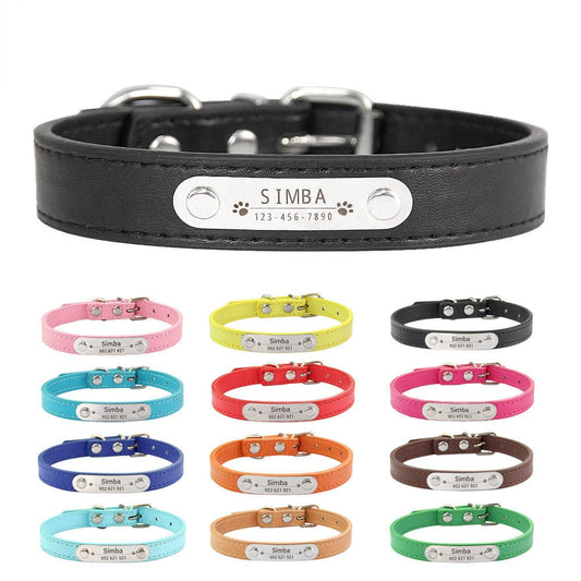 Personalized Dog Cat Collar Name Carved ID Anti-lost Solid PU Leather Collar