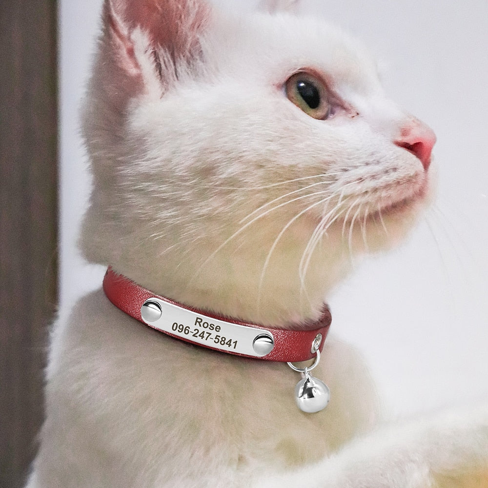 Personalized Cat Collar Adjustable Leather Pet Cats Collars Necklace Anti-lost Cat Accessories