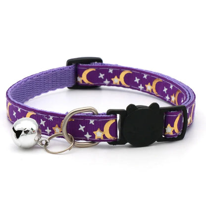 Cat Dog Collar Gold Color Stars and Moon Pet Collar with Bell and PP Material Separate Reflective Safety Buckle Solid Safe