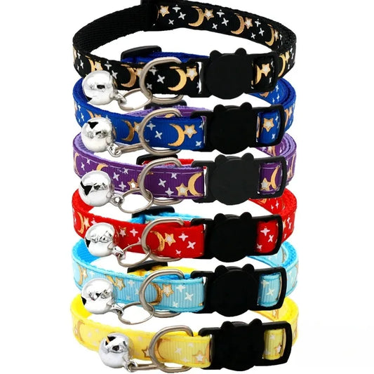 Cat Dog Collar Gold Color Stars and Moon Pet Collar with Bell and PP Material Separate Reflective Safety Buckle Solid Safe