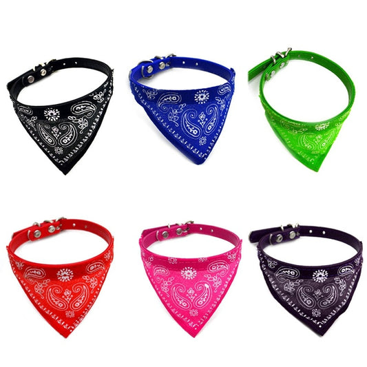 Adjustable cat and small dog collar PU pet neck scarf with printed triangle scarf