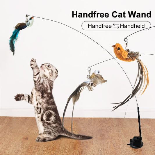 Handfree Bird/Feather Cat Wand with Bell Powerful Suction Cup Interactive Toys for Cats